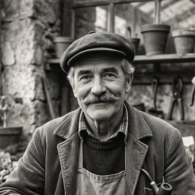Portrait en noir et blanc de l'arrière-grand-père de Matthias, pépiniériste à Bergerac